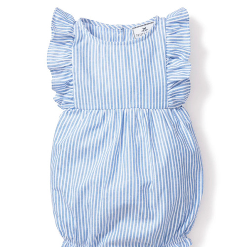 Petite Plume Baby's Twill Ruffled Romper in French Blue Heritage Stripe