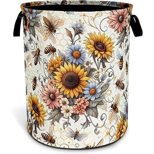 Bee Sunflower Laundry Basket Flower Foldable Oxford Cloth Funny Tote Bag Laundry Hamper Clothes Storage Bucket Toy Organizer For Bathroom/Laundry Storage/Bedroom 18.9x16.5 Inch