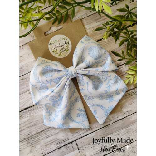 Blue Toile Hair Bow: Handmade Cotton Hair Clip, Headband, or Ornament