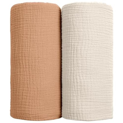lulumoon Muslin Swaddle Blanket Baby - Cotton Swaddling Blanket Soft Baby Receiving Blankets Neutral 2Pack(Caramel)