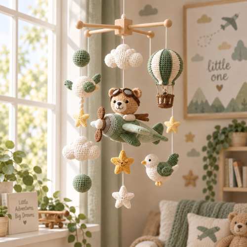 Crochet Airplane Baby Mobile, Bear Pilot Crib Mobile, Hot Air Balloon Nursery Decor, Sage Green Baby Shower Gift