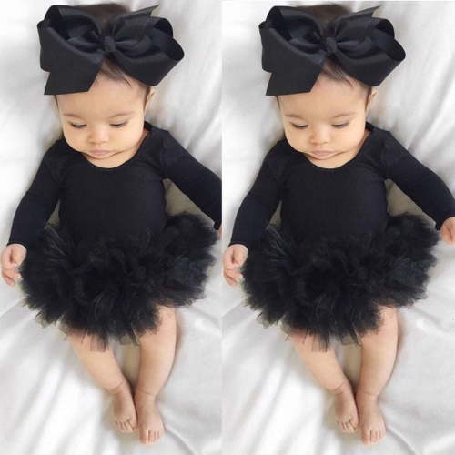 Qtinghua Cute Newborn Baby Girl Long Sleeve Tutu Romper Jumpsuit Bodysuit Dress Headband Outfits Black 0-6 Months