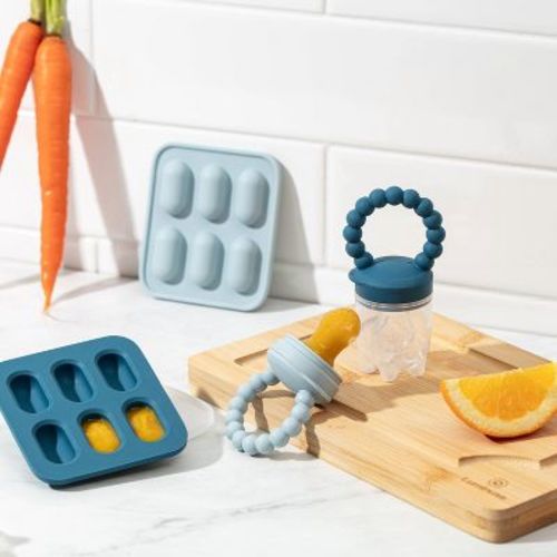 Silicone Baby Fruit Feeders with Freezer Tray for Batch Prep, Set of 2 Safe & Convenient Includes Extra Pouches & Travel Lids, Dishwasher Safe, Blue