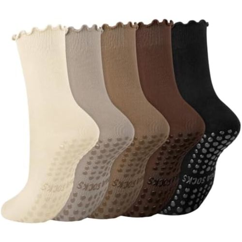 5 Pairs Ruffle Pilates Grippy Socks with Grips for Women
