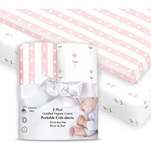 100% Organic Cotton Fitted Mattress Sheets for Graco Pack n Play, Babyletto, Pamo Babe, Dream on Me, Evenflo, Baby Trend, Hygge Hush Portable/Mini Crib/Playards, 2 Pk