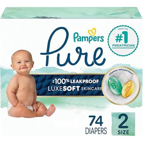 Pampers Pure Baby Diapers, Size 2 (12-18 lbs), 74, Up to 100% Leakproof, Premium Hypoallergenic Soft Diapers