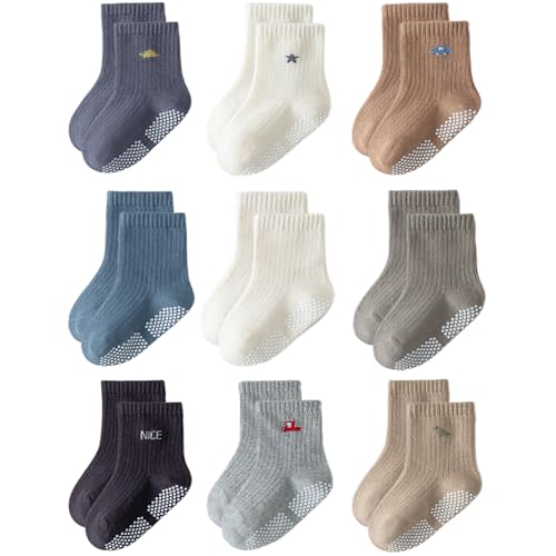 Toddler Grip Socks Non Slip Crew Socks Cute Seamless Cotton Socks for Baby Boys Girls Infants Kids 9 Pairs