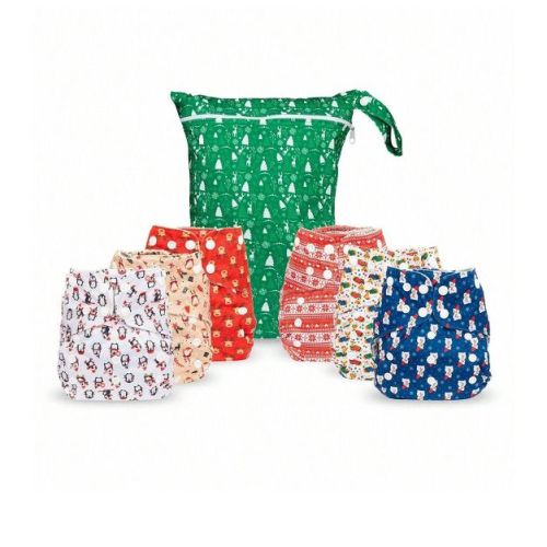 6ct Reusable Cloth Diapers, One Size Adjustable, Washable Soft Absorbent, Waterproof Cover, 4-Layers Microfiber Inserts (Christmas) - Simple Being