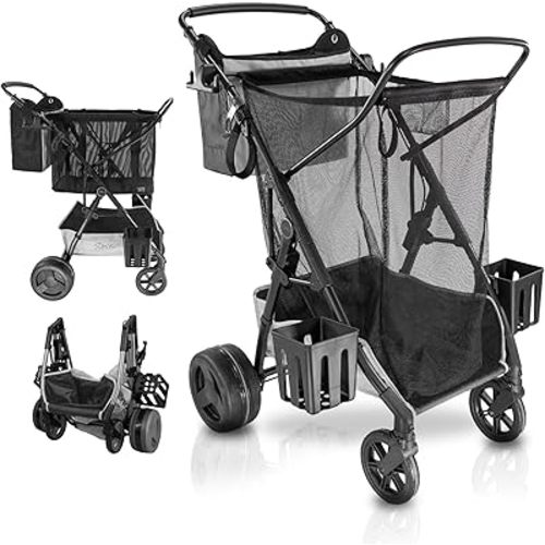 Strolee Large Wheeled Collapsible Beach Cart for Soft Sand, Shopping, Camping & Garden- Lightweight Aluminum Frame- Removable Storage Bag with Carrying Straps, X-L Capacity & Cooler Rack Dark Grey