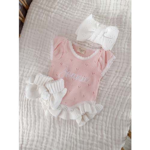 Pink frill pointelle baby girl announcement romper