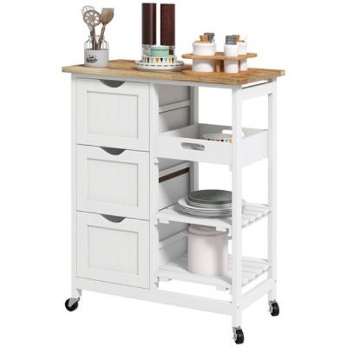 Rolling Kitchen Cart, Kitchen Island with Wood Top, Shelves & Drawers for Dining Area