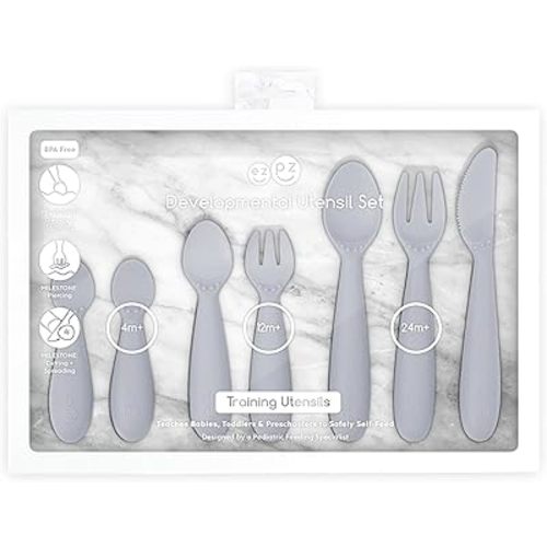 ezpz Developmental Utensil Set (Pewter) - 100% BPA Free Fork, Spoon, Knife for Babies, Toddlers and Preschool - First Foods + Self-Feeding - Designed by a Pediatric Feeding Specialist