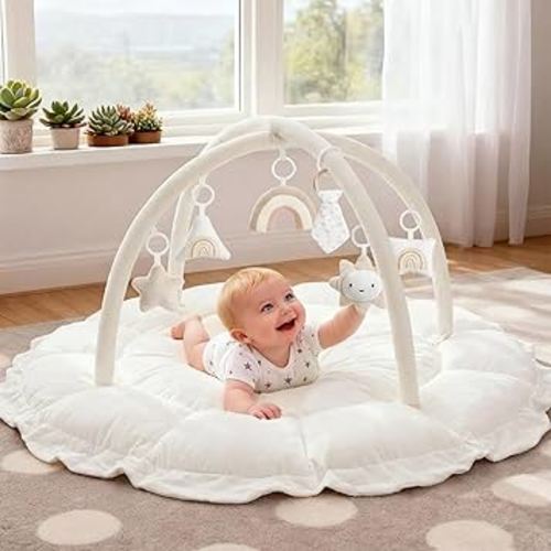 5-in-1 Thick & Plush Baby Play Gym, Baby Play Mats for Floor, Tummy Time Mat with 6 Toys, Convertible Stage-Based Developmental from Babies to Toddlers, Ball Pit, White