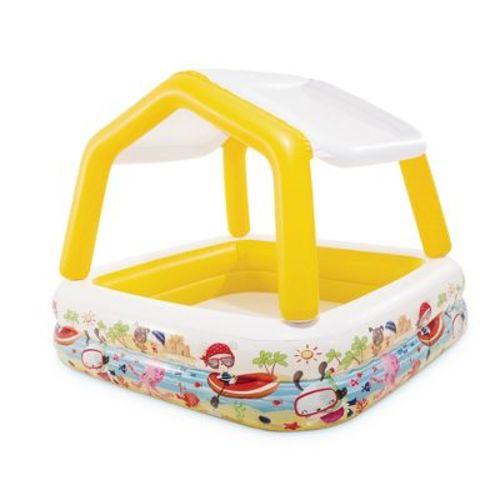 Intex 57470EP 5-Foot Square Kiddie Pool Inflatable Sun Shade Kids Swimming Pool With Canopy, Ocean Scene