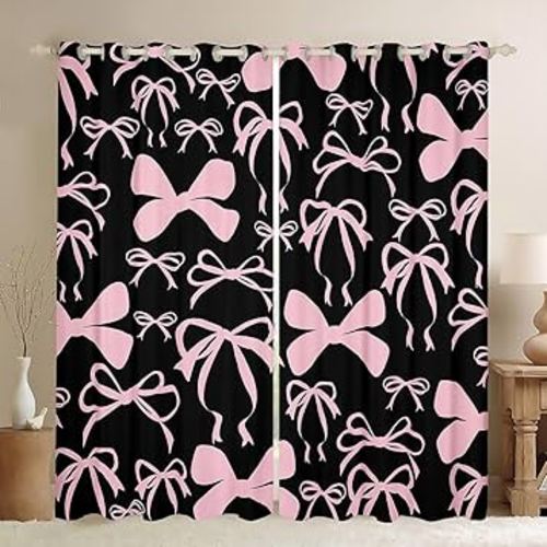 Feelyou 30%-50% Room Darkening Bow Blackout Curtains (2 Panels, 42 x 63 Inch) - Black Pink for Girls Bedroom Living Room, Cute Kawaii Bowknot Window Treatments