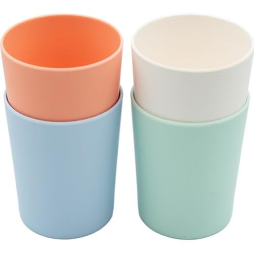 WeeSprout Bamboo Toddler Cups, 10 oz Set of Four, Babies, Big Kids & Toddlers, Made With All Natural Bamboo, Dishwasher Safe (Pastel Coral, Blue, Mint & Off White, 10 oz (Without Lids))