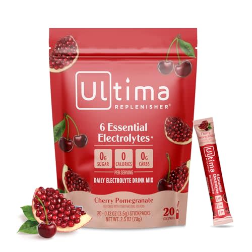 Ultima Replenisher Daily Electrolyte Powder Drink Mix – Sugar Free – Cherry Pomegranate, 20 Stickpacks – Hydration Packets with 6 Electrolytes and Minerals – Keto Friendly, Vegan, Non-GMO