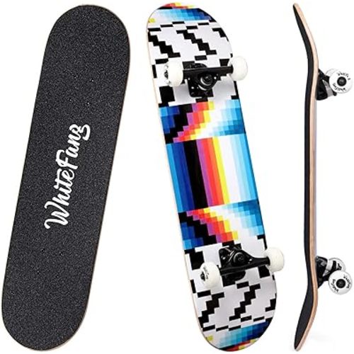 WhiteFang Skateboards for Beginners, Complete Skateboard 31 x 7.88, 7 Layer Canadian Maple Double Kick Concave Standard and Tricks Skateboards for Kids and Beginners