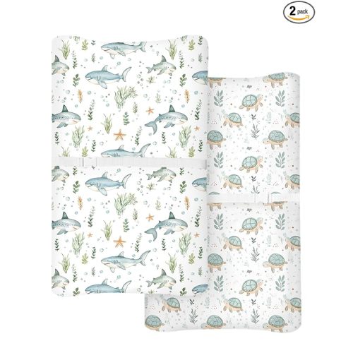 Changing Pad Cover for Baby Boys Girls 2 Pack, Fits Standard 32”×16” Changing Table Pads, Silky Breathable Stretch Knit, Machine Washable (Turtle & Shark)