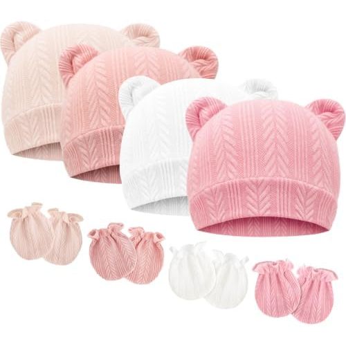 BQUBO Newborn Baby Hats Bear Ears and Mittens Sets Preemie Caps Baby Boy Girl Infant Hospital Beanie for 0-3 Months