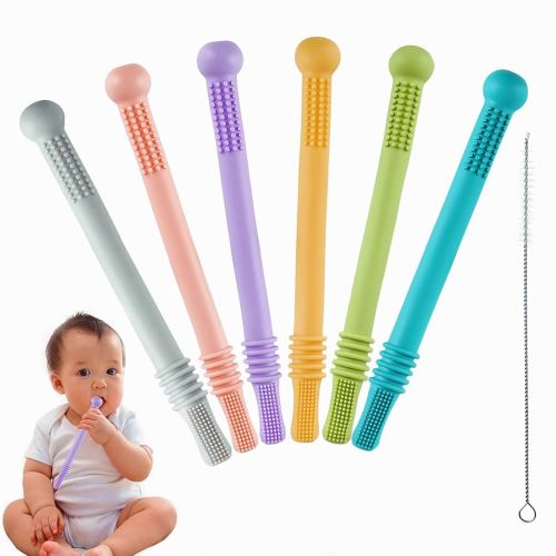 Chuya 6 Pack Hollow Teether Tube, Silicone Tubes Baby Teether Toys,Chew Straws Toy for 3-12 Months Babies Molars,Teething Relief,BPA Free/Freezable,Dishwasher Safe,Easy to Clean