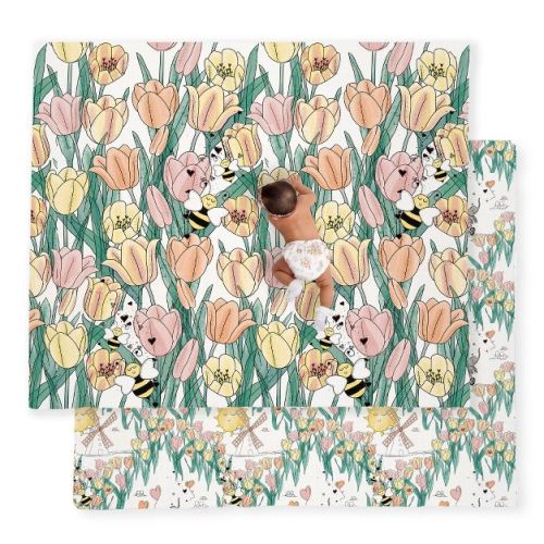JumpOff Jo - Waterproof Foam Padded Play Mat for Infants, Babies, Toddlers, Play Pens & Tummy Time, Foldable Activity Mat - Tulip Fields
