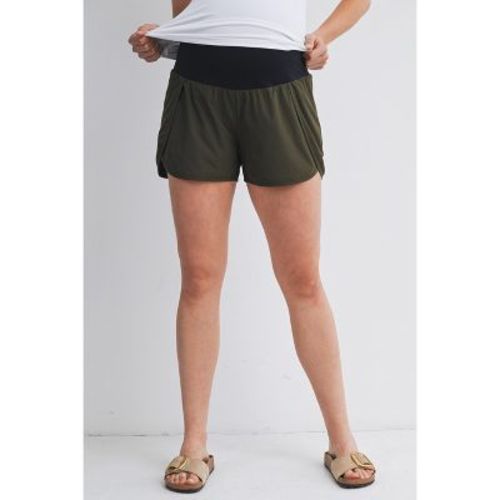Hello Miz Women's High-Rise Over-the-Belly Maternity Active Shorts with Built-In Liner - Olive - Medium