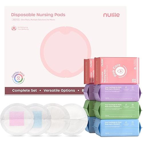 Nuliie 200 PCS Disposable Nursing Pads, Ideal for First-Time Buyers to Find Perfect Match, 4 Materials Trial (Viscose from Bamboo, Classic, Blue Core, Pink Care), Breastfeeding Essentials for New Moms