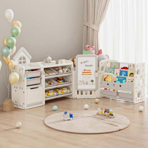 Linor Kids Toy Storage Organizer with 3-Tier Bookshelf, Collapsible, 87.4W x 12.6D x 35.8H", with Removable Bins, Drawing Board & 3 Brushes