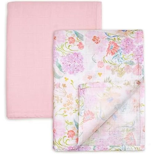 GLLQUEN BABY Muslin Swaddle Blankets Breathable Receiving Blankets (35" x 40") 2-Pack Soft Baby Blankets for Girls and Boys Newborn Essentials Muslin Burp Cloths Swaddle Wrap Baby Gift(Floral Dream)