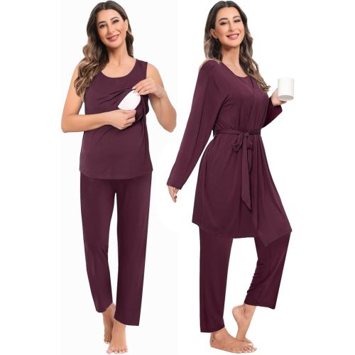 SWOMOG Maternity Nursing Robe Set 3 PCS Women Postpartum Pajamas Breastfeeding Labor Delivery Hospital Pregnancy Pjs