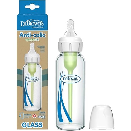 Dr. Brown's Anti-Colic Options+ Narrow Glass Baby Bottle with Level 1 Slow Flow Nipple, BPA-Free, 8 oz/250 mL, 1-Pack