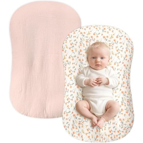 Hooyax Muslin Baby Lounger Cover 2 Pack, Soft and Breathable Newborn Lounger Cover, Adorable Baby Nest Slipcover for Boys Girls, Covers Only (Pink, Floral)