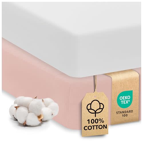 Cotton Crib Sheets 2 Pack – Sweety Fox Mini Fitted Sheets for Baby Boys and Girls, Soft Jersey Knit for Crib or Toddler Bed, White and Pink