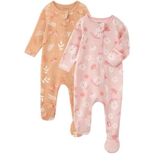 Baby Girl Sleepers 100% Cotton Footie Pajamas Newborn 0-3 3-6 6-9 Months with 2-Way Zipper, 2pcs PJs Baby Girl Clothes
