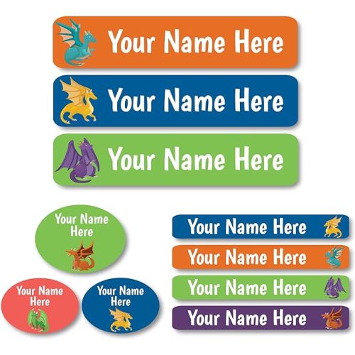Lovable Labels Personalized Labels for Kids (85 Labels/Pack) - 3 Label Sizes Waterproof Dishwasher Safe Peel & Stick Labels for School Supplies Daycare Camp Clothing Bottles (Dragons Den)