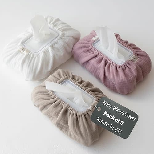 Baby Wipes Cover – Universal Size, One Size Fits All Wipes Packages | Muslin Cotton Tissue Cover for Nursery, Diaper Bag & Changing Table, Station | Gingham & Neutral Patterns (3-Neutral)