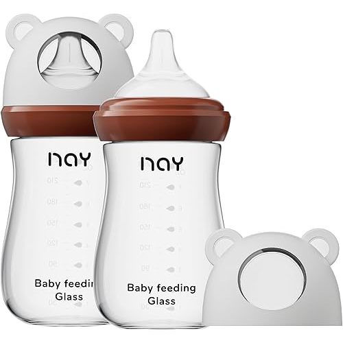 yanyoyo Natural Glass Baby Bottle for Breastfeeding Babies, 8oz Anti-Colic Baby Bottle with Natural Response Nipple(M), Clear, Wide Neck, 2 Pack, 3 Months+