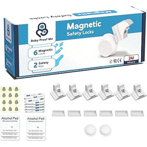 Magnetic Safety Lock Kit 6 Locks + 2 Keys, 3M Adhesive Easy Installation, Baby Proofing Magnetic Locks for Cabinets and Drawers