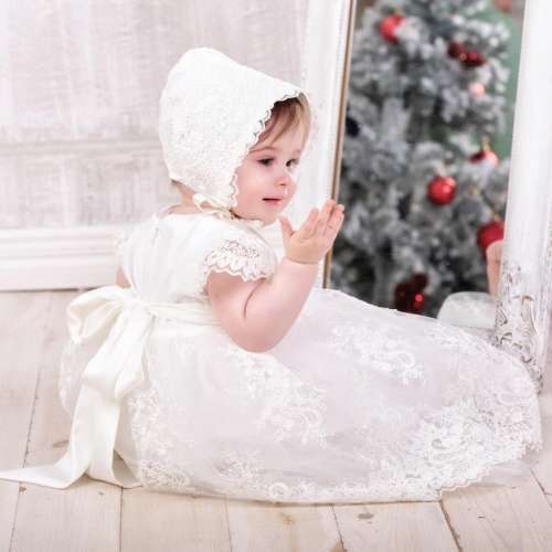 Lace Christening Dress Set: White Cotton Baptism Gown, Bonnet & Booties