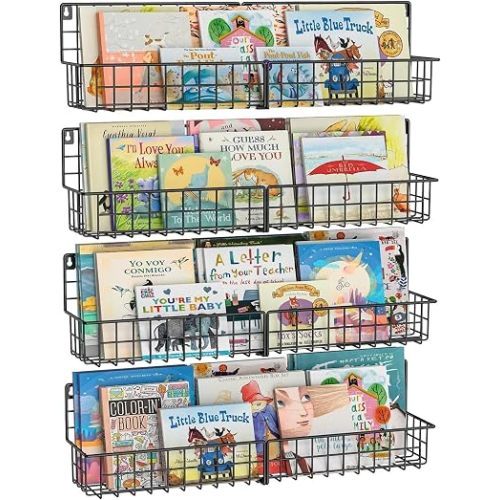 X-cosrack 23.5 Inch Wall Mounted Kids Bookshelf, Floating Metal Book Shelves for Kids Nursery Toddler Classroom, Hanging Book Shelf Organizer for Room Decor, Black, Set of 4