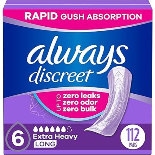 Always Discreet Adult Incontinence Pads for Women, Extra Heavy Absorbency, Long Length, Postpartum Pads, 112 Count (4 Packs of 28)