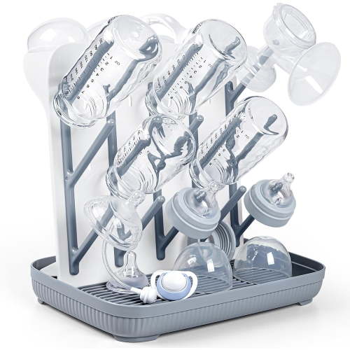 Baby Bottle Drying Rack: Large Vertical Bottle Dryer Rack Holder - Space Saving Standing Drying Rack for Baby Bottles and Pump Part Cleaning (Gray)