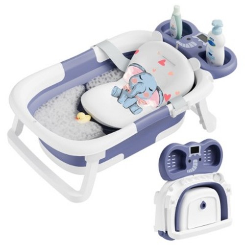 TUMAJUP Foldable Elephant Baby Bathtub for Infants and Toddlers with Soft Cushion and Thermometer-Blue