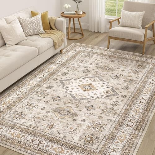 cotiled 5x7 Area Rug for Living Room, Washable, Traditional, Beige | Soft Distressed Oriental Design with Vintage Charm for Bedroom, Dining Room, and Home Office