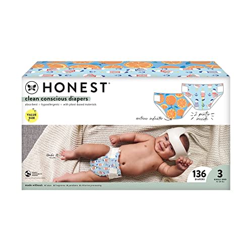 The Honest Company Clean Conscious Diapers | Plant-Based, Sustainable | Orange You Cute + Feeling Nauti | Super Club Box, Size 3 (16-28 lbs), 136 Count