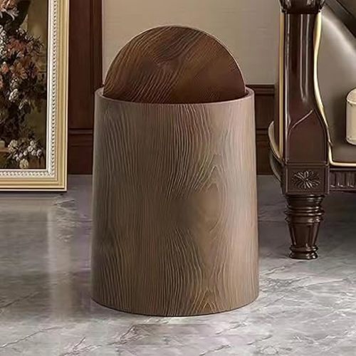 Wood Grain Trash Can Garbage Bin, Brown Large Capacity Garbage Bin with Swing Lid Dustbin for Office, Bedroom Home (12L)