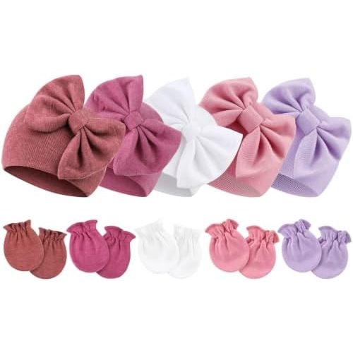 Newborn Baby Hats and Mittens Set Infant Bow Beanie Cap Toddler Gloves Newborn Hospital Hats for Baby Boy Girl 0-6 Months