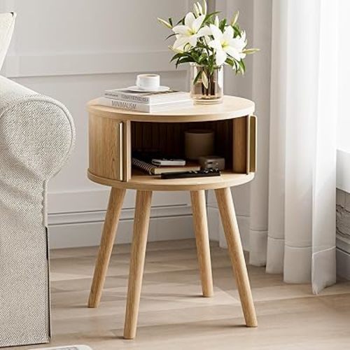 Side Table with Sliding Door & Cabinet, End Table for Living Room, Night Stand for Bedroom, Modern Bedside Table with Solid Wood Legs, Natural