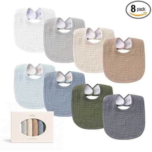 Konssy 8-Pack Muslin Baby Bibs, Adjustable Fit for Drooling and Teething
